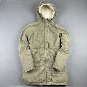 Hollister Olive Green Sherpa Lined Hooded Coat Size S 29" Long Y2K Utility Cozy